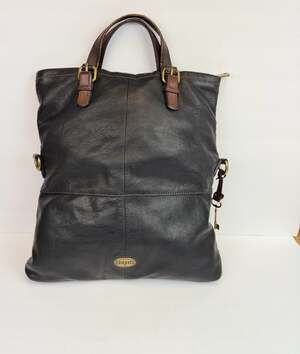 Fossil Explorer Foldover Black Leather Crossbody Messenger Tote Bag